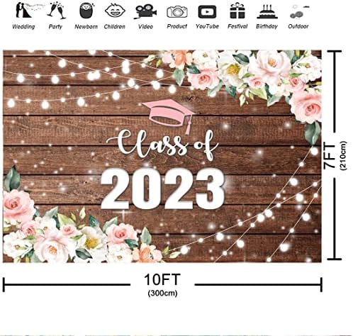 Апертурный клас 2023 Бала Фон за снимки 9x6 фута Писма с пристъпите на Завършил, Капачка за бакалавър, Розови Флорални Цветя, Дървени