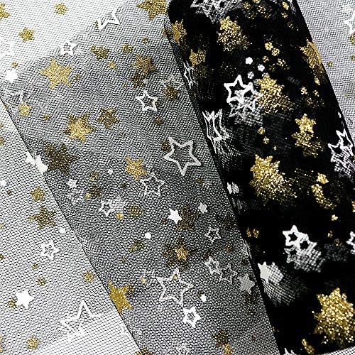 Yuanchuan Златна звезда блестящ тюл ролки x 6 инча 10 ярда (30 фута) Черен тюл на ролки, бобини, тъканно пакетче за поли със собствените си ръце, сватбена опаковъчна хартия, л