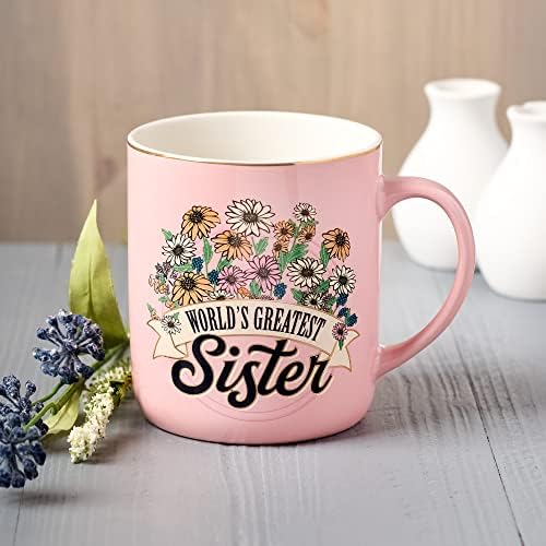 Кафеена чаша С ЛЮБОВ, най-Добрата сестра на света, Розово Слънчоглед, Маргаритка със златен ръб и акценти, Вдъхновяваща чаша за кафе/чай,