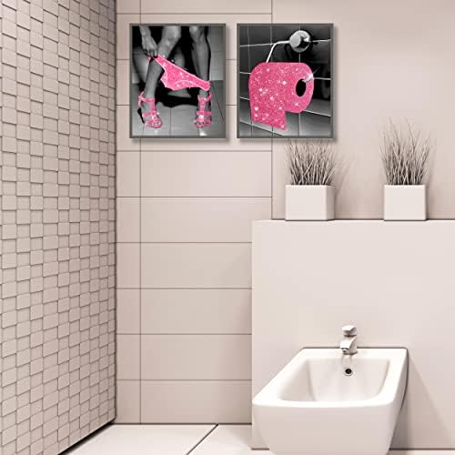 Luodroduo Модерен Стенен декор за баня, Щампи, Комплект от 6 бляскави розови Блестящи Филтър плакати върху Платно, Снимки, Забавни и