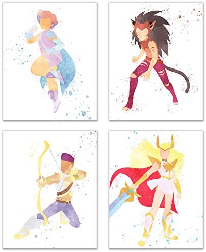 Акварелни Щампи за плакати She-Ra и the Princesses of Power - Комплект от 4 (8x10) и Рисунки на стена в стил рестартиране на карикатура на Netflix - Adora - Блестящо Лък - Catra