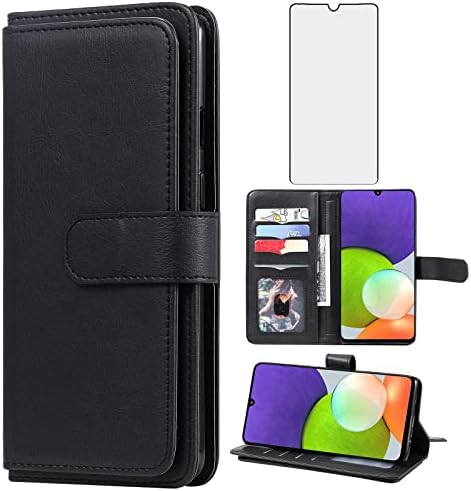 Съвместим с Samsung Galaxy A22 4G 6,4-инчов чанта-портфейл и Защитно фолио за екран от закалено стъкло, флип-надолу Капака, Държач за кредитни карти, Калъфи за мобилни телефони