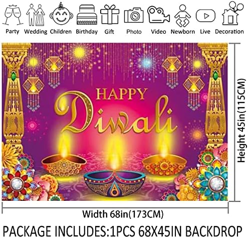 68x45 инча Лилаво Честит Дивали Фон на Индийски Фестивал на светлината Флорални Декорации За Партита Deepavali Индуски, за да проверите